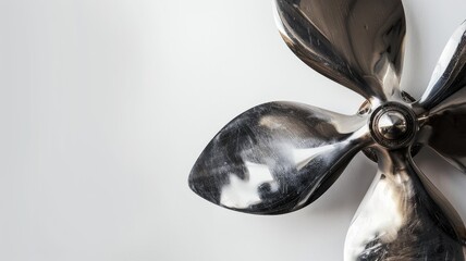 Close-up of shiny metal propeller against white background