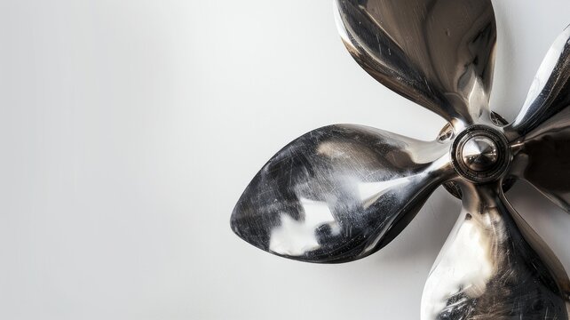 Close-up of shiny metal propeller against white background