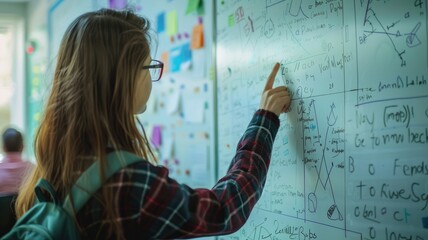 Female student writing on whiteboard filled with mathematical equations