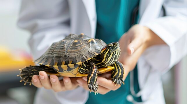 Veterinarian holding turtle with care