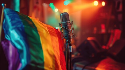 Microphone on stage with rainbow flag in foreground, colorful bokeh lights background