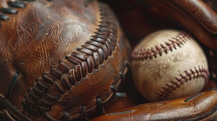 Close-up of well-used baseball and glove showing detail texture