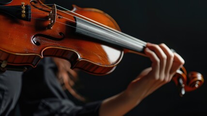 Close-up of hands playing violin against dark background