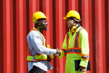 Custom officers inspecting cargo container ship yard.