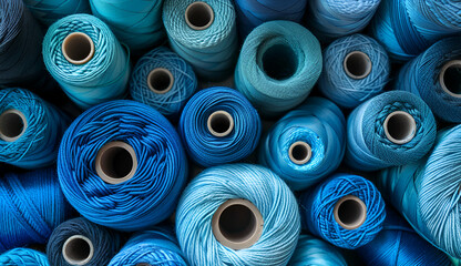 Different blue color spools of thread for the textile industry.	
