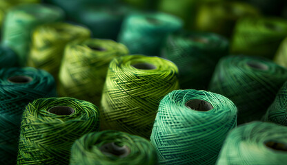 Different green color spools of thread for the textile industry