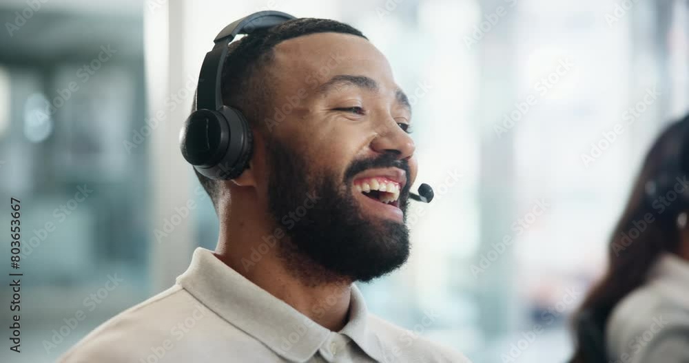 Poster call center, business and happy man laughing in office consulting for crm, faq or b2b, networking an