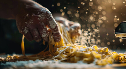 A close-up shot of hands making fresh pasta, focusing on the textures and colors of the dough being twisted into noodle or fettuccine shapes