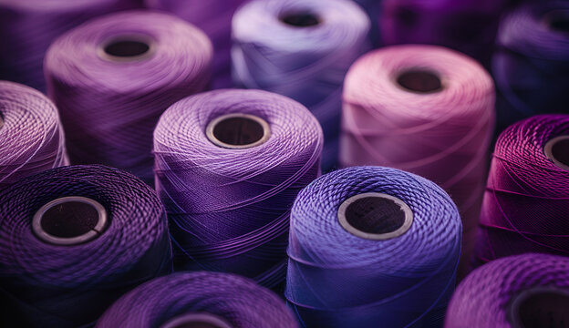 Different purple color spools of thread for the textile industry.	
