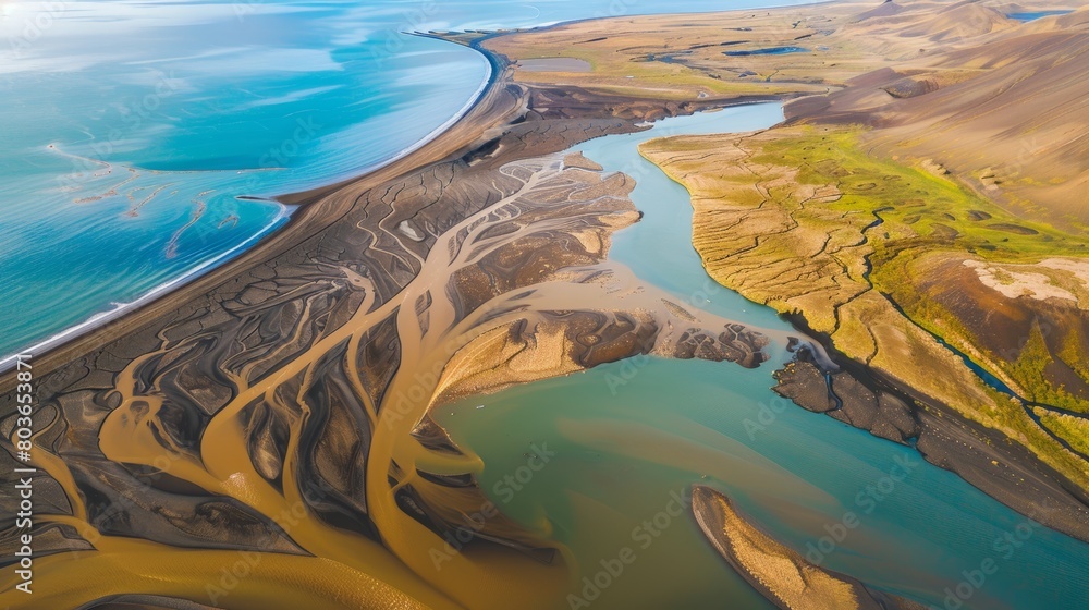 Wall mural Aerial view of water formation along the coastline at river estuary in Iceland. water. Illustrations - Wall murals