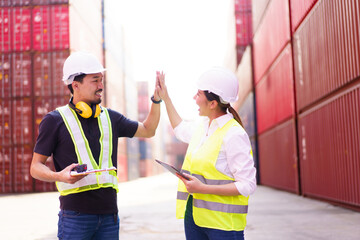 Custom officers inspecting a cargo containers at container yard.