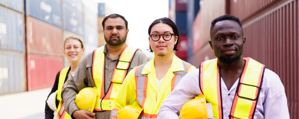 Portrait of container yard or shipyard employees.