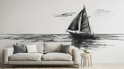A lone sailboat on a vast ocean depicted in black sketch against a white living room wall