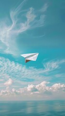 A single paper plane gliding through a vast, unblemished sky, embodying simplicity and aspiration