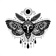 moth silhouette in bohemian, boho, nature illustration