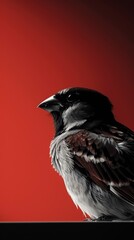 Close-up of a bird gazing outward, on a table against a monochrome red, capturing a moment of tranquility