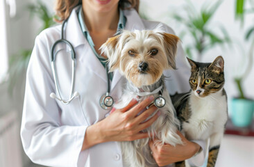 The smiling female doctor holds the cute dog and cat in her arms. A woman is wearing a white medical coat