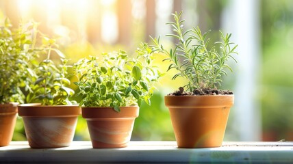 Potted plants on sunny windowsill