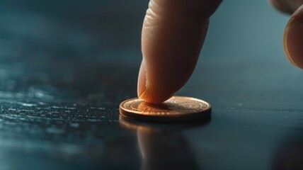 Close-up of finger spinning coin on textured surface