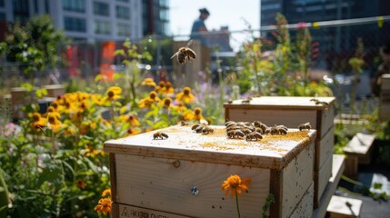 An urban beekeeping initiative with multiple hives on a rooftop garden, supporting pollinator populations and local food production