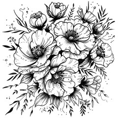 A black and white drawing of a bouquet of flowers