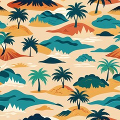 Obraz premium Seamless pattern of sandy beaches and palm-fringed coastlines, Generative AI