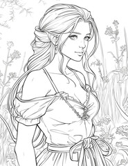 Fototapeta premium Monochrome sketch of female figure with flowing hair, detailed facial features