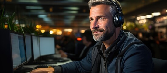 Friendly call center agent using his communication skills with headset, providing customer service remotely