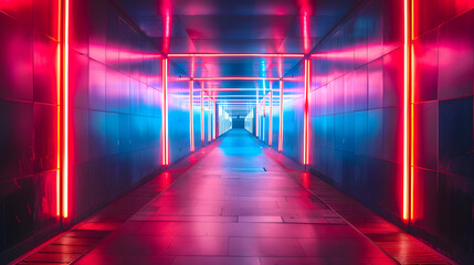 a long tunnel with neon lights on the walls and ceiling