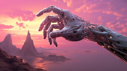Capture a sleek cybernetic arm, blending with a human hand, in a surrealist landscape using vector art