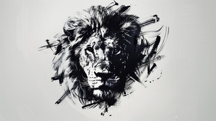 A majestic lion's face sketched in bold black strokes, emanating strength and pride against the white backdrop