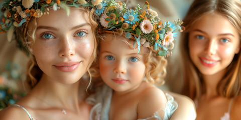 Obraz premium A woman and two children are wearing flower crowns and smiling
