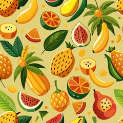 Seamless pattern of tropical island fruits like bananas and mangos, Generative AI