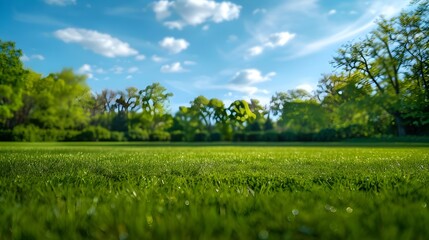 Beautiful blurred background image of spring nature with a neatly trimmed lawn surrounded by trees against a blue sky with clouds on a bright sunny day.