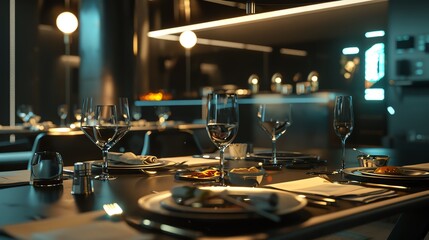 Capture an intimate dinner scene set in a futuristic world through a tilted angle view using photorealistic digital rendering techniques Show futuristic technologies subtly integrated into the setting