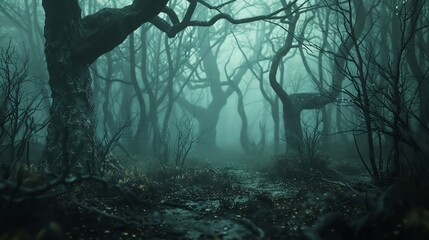 Capture the eerie charm of a haunted forest from a high-angle view in photorealistic CG 3D rendering, emphasizing ominous shadows and mist
