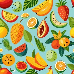 Seamless pattern of tropical island fruits like bananas and mangos, Generative AI