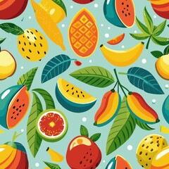 Seamless pattern of tropical island fruits like bananas and mangos, Generative AI