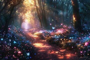 Obraz premium Fantasy Glade: Where Fairies Paint the Sky with Sparkling Hues