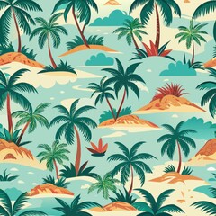 Naklejka premium Seamless pattern of tropical islands dotted with palm trees, Generative AI