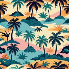 Seamless pattern of tropical islands dotted with palm trees, Generative AI