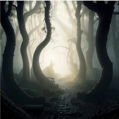 mysterious forest with curved trees
