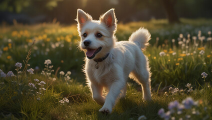 Naklejka na ściany i meble A cute dog standing in a field of flowers
