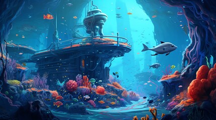 Capture the essence of AI advancements in vibrant and detailed vector art underwater scene Play with unexpected camera angles to showcase a world where technology and marine life intersect in a visual