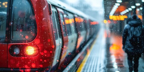 Naklejka premium A red train with its doors open and a person walking in the rain. The train is wet and the person is wearing a backpack