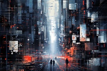 Capture the essence of futuristic urban exploration through a close-up view of advanced technologies seamlessly integrated into the cityscape, portrayed in a striking mixture of pixel art and glitch a