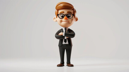 A 3D illustration of a confident businessman in a suit, with arms crossed, standing against a white background.