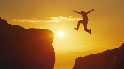 A man is jumping over a cliff with the sun in the background. Concept of adventure and excitement, as the man leaps into the unknown. The sun's rays illuminate the scene, creating a warm