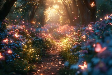 Fototapeta premium Chromatic Canopy: A Fairy Forest Alive with Sparkling Colors