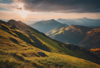 Obraz premium Sunset over a lush mountain range with rolling hills and a vibrant sky. Mountain Day.